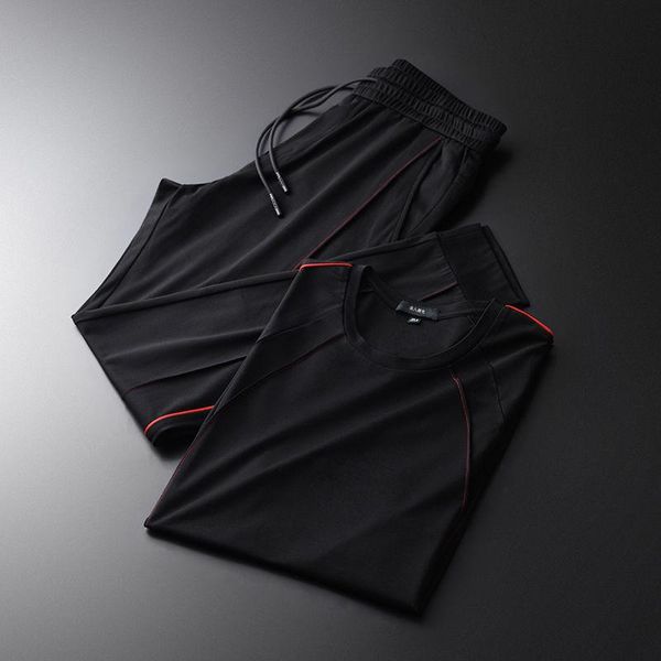 

men's t-shirts summer light leisure sports short sleeve round neck suit ribbon t-shirt silky breathable fashion two piece, White;black