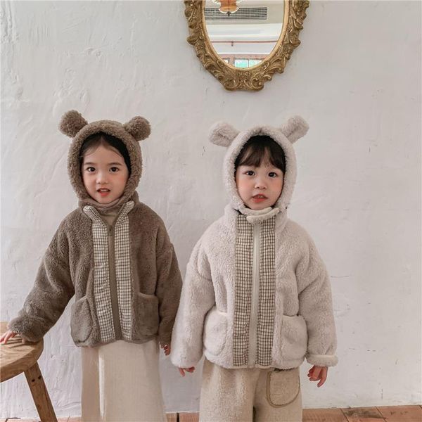 

jackets children plush coat 2021 kids cute bear jacket child boys winter outerwear fashion girl zip-up hood baby zipper top, Blue;gray