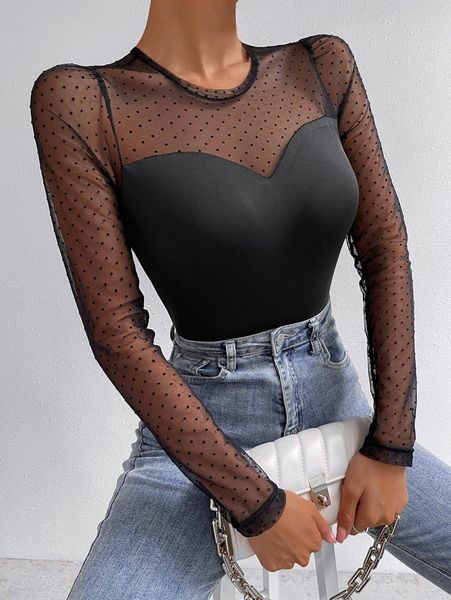 

polka dot sheer mesh yoke and sleeve l6mf#, White
