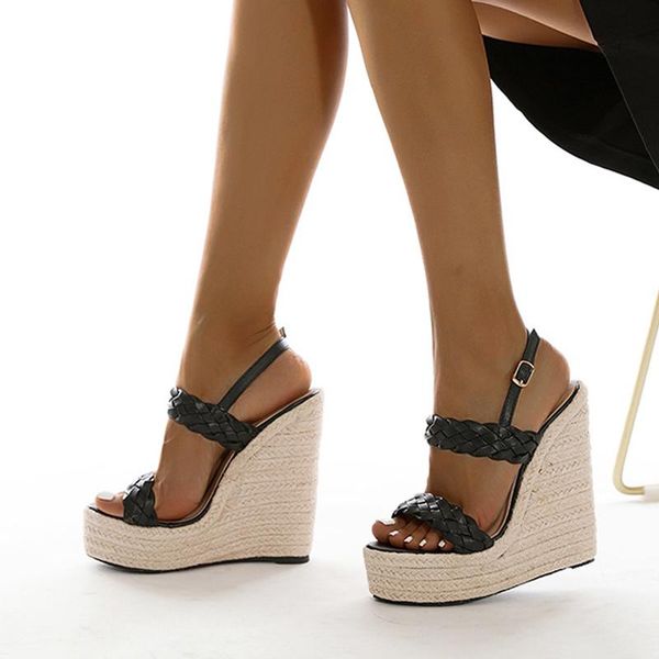 

sandals roma style women platform fashion design straw rope weaving thiick bottom chunky heels wedge shoes female black