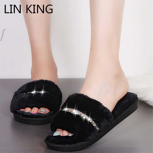 

lin king fashion rhinestone women indoor slippers warm fur home floor bedroom shoes soft sole non-slip female cotton slippers y0902, Black