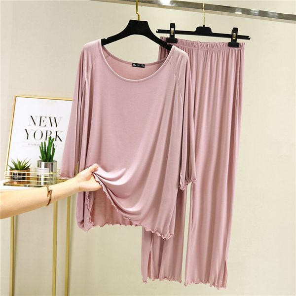 

womens modal pajamas sleepwear set women solid pajama set 2piece/suit full sleeves shirt pant lingerie mom homewear, Black;red