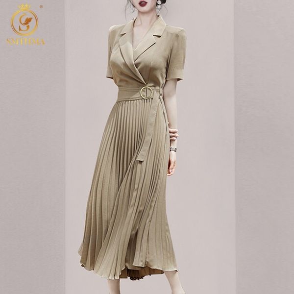

fashion women's short sleeve summer dress ladies luxury temperament slim pleated dresses vestidos 210520, Black;gray