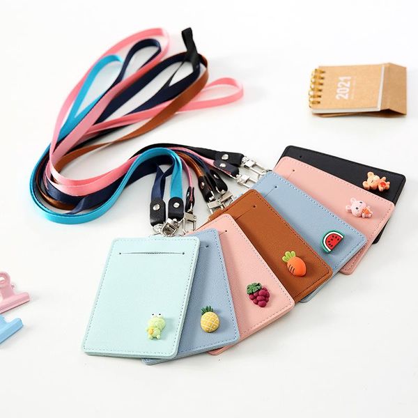 

card holders women cute fruit pu leather id holder students bus case lanyard girl cartoon identity badge cards cover wallet, Brown;gray