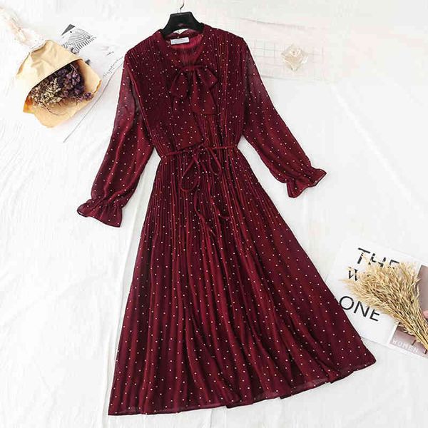 

dresses polka dot elegant women casual flare sleeve long party bow print pleated chiffon es vintage vestido, Black;gray