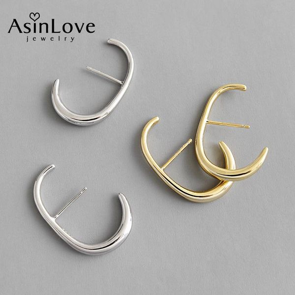 

stud asinlove fashion real 925 sterling silver ins minimalist c-shaped earrings personality all-match fine jewelry for women gift, Golden;silver