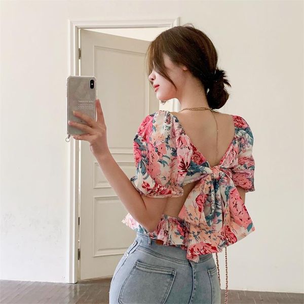 

women's blouses & shirts chic design back hollow bow bandage square collar shirt female summer flower print puff sleeve high waist crop, White