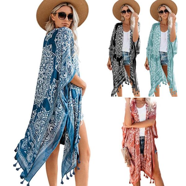 

women's swimwear women bikini cover-ups fashion boho printed fringe long kimono cardigan tunic ladies vacation beach wear swim suit cov, White;black