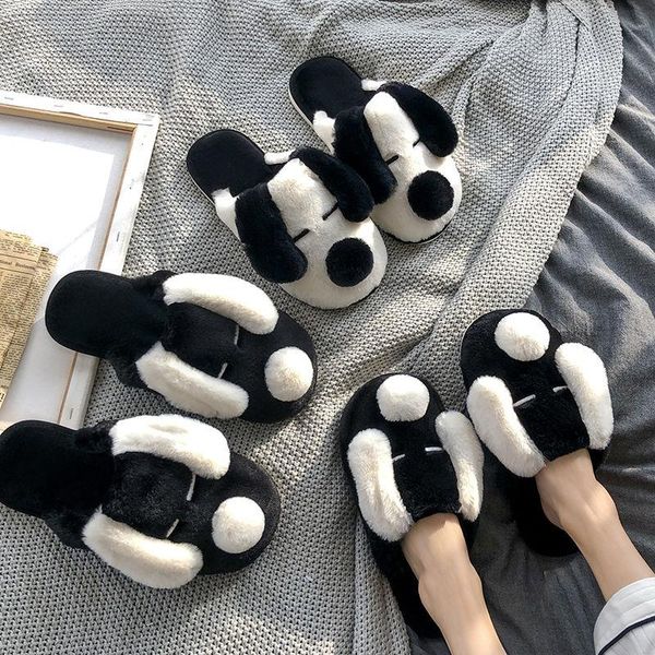 

fashion cute cartoon dog furry slippers indoor house flat womens plush mules shoes white gray warm ladies slides, Black