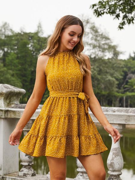 

casual dresses women's halter a-line polka dot neck lace dress summer sleeveless printed yellow, Black;gray