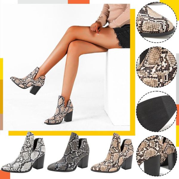 

boots print snake pu leather belt buckle women ankle pointedbtoe thick high heels female boot shoes 2021 snakeskin, Black