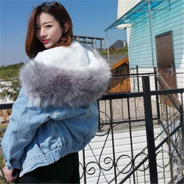 

Parka female thicken speed denim jacket with leather short outerwear, Black