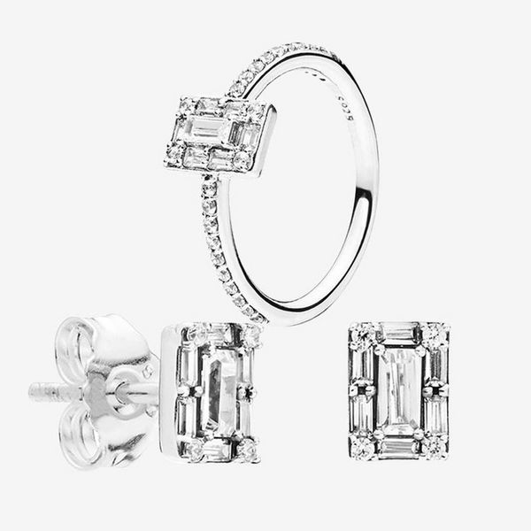 Joyas de diseñador 925 Anillo de bodas de plata Bead fit Pandora Sparkling Square Halo Stud Pendientes Anillos Zirconia Diamantes Estilo europeo Anillos Cumpleaños Damas Regalo