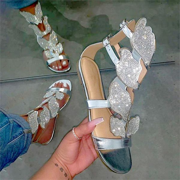 

woman slippers rhinestone slides sandals women's ladies butterfly shoes flats female fashion crystal open toe ankle zipper size 35-43 n, Black