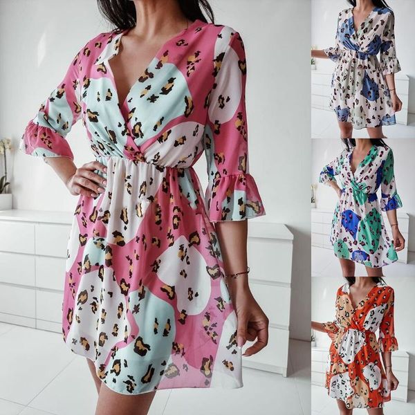 

casual dresses 2021 summer dress women leopard print boho beach ruffle half sleeve a-line mini party vestidos, Black;gray