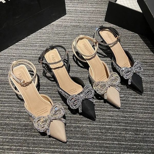 

luxury dress shoes stiletto high-heeled sho female girl fairy 2021 summer bowknot baotou fashion sandals, Black