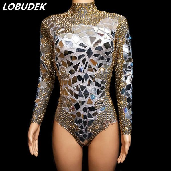 

sparkly gold rhinestones mirrors long sleeve bodysuit female nightclub dj singer costume jazz dance team leotard catsuit women's jumpsu, Black;white