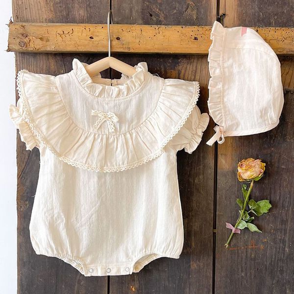 

summer baby girl short sleeve rompers kids jumpsuit pure color lace born clothes 210429, Blue