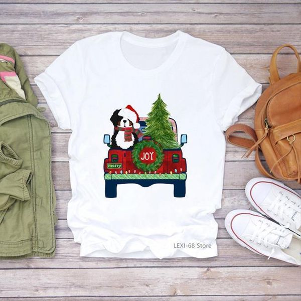 

funny christmas dogs car womens t shirts print clothes vogue harajuku kawaii for girls, White