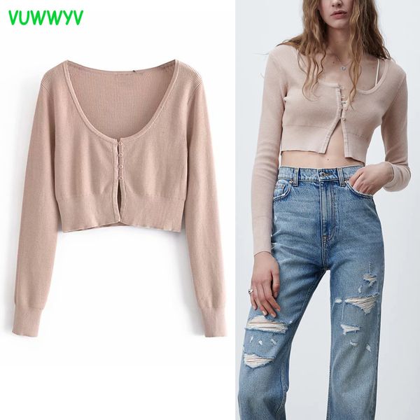 

pink knitted cropped cardigan sweater women spring summer chic streetwear front buttons long sleeve ribbed sweaters 210430, White