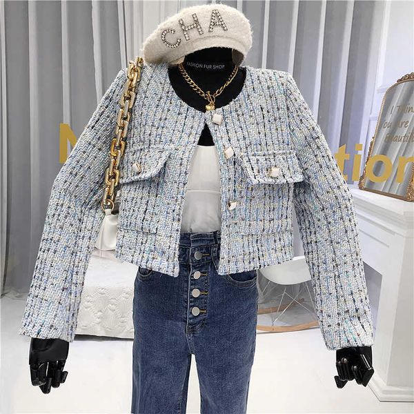 

autumn winter women crop korean vintage tweed jacket coat small fragrance elegant short woolen outwear 210930, Black