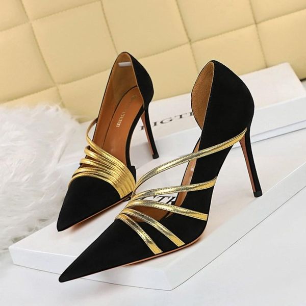 

dress shoes female nightclub women high heels shallow pointed toe hollow single fashion super heel 9 cm plus size 43, Black
