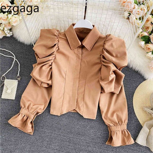 

ezgaga collar blouse women spring new elegant cintage turn-down collar puff sleeve solid loose office lady shirts korean 210430, White