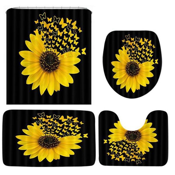 

shower curtains sunflower pattern curtain set toilet cover rug carpets non-slip kitchen bath mat bathroom decoration