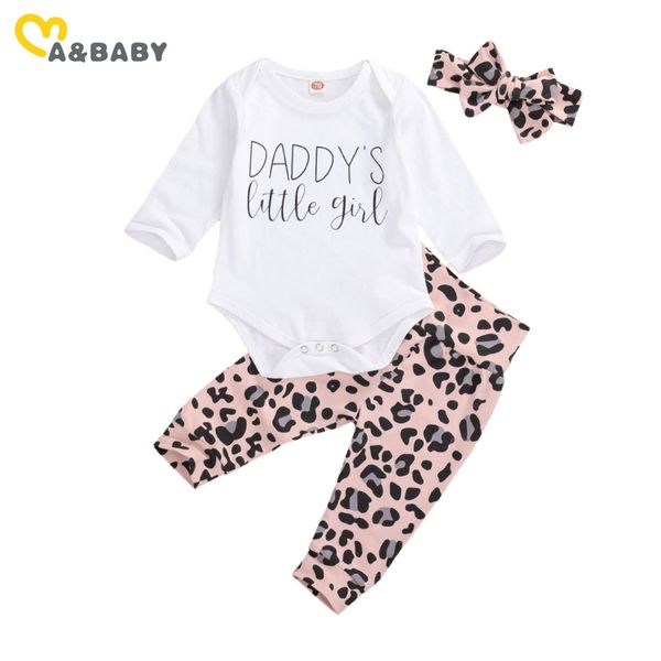 0-24m Leopard Leopard Bebê Bebé Bebé Roupas Set Daddy Little Romper + Calças Headband Outfits Outono Bonito 210515