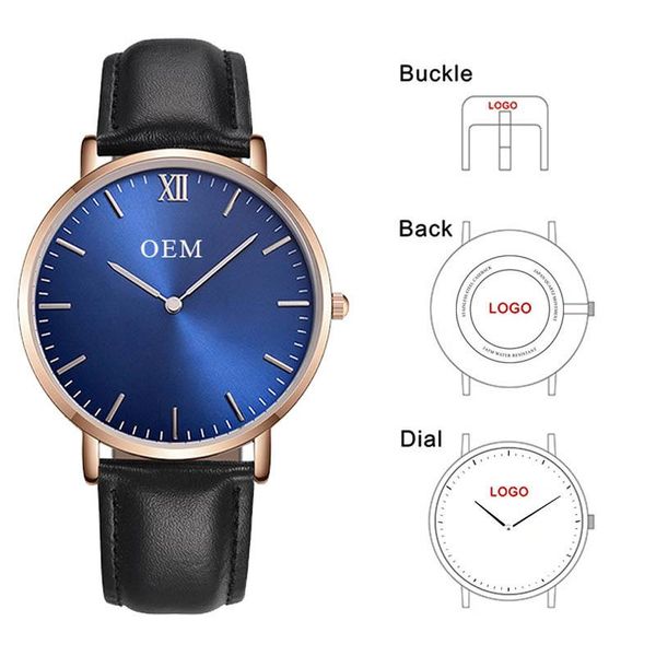 

custom oem watch design rose gold case personalized company name genuine leather dial wristwatches, Slivery;brown