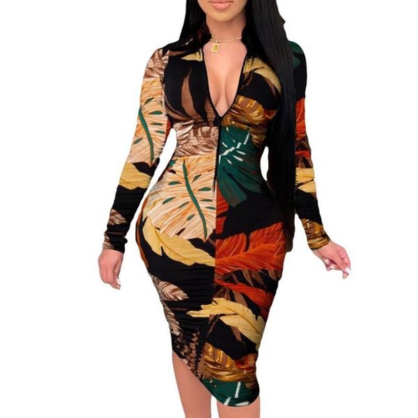 

casual dresses 2021 zipper v neck spring dress women vintage floral print party plus size sheath mid-calf slim vestidos, Black;gray