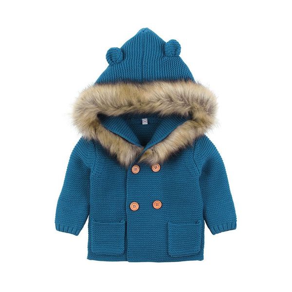 

children's clothing winter warm newborn boy girl knit hooded coat fur collar baby snowsuit jacket clothes, Blue