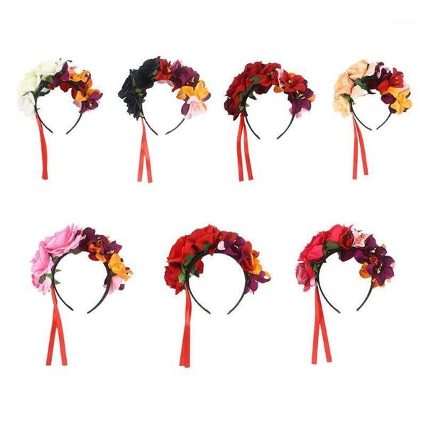 

halloween day of the dead headpiece beach vacation artificial rose orchid flower crown red ribbons holiday headband1