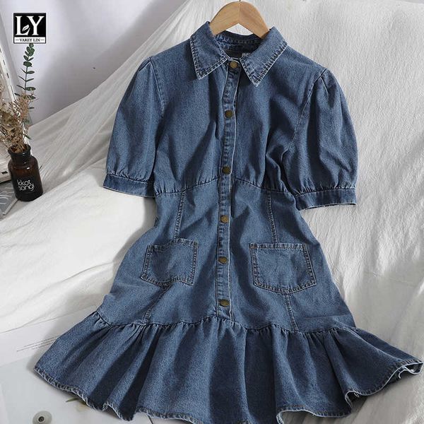 

ly varey lin summer women sweet single breasted pocket denim dresses casual puff sleeve ruffles female 210526, Black;gray