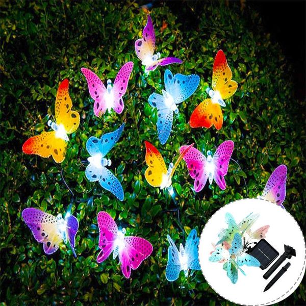 

solar lamps 12 led powered butterfly fiber optic fairy string lights waterproof christmas outdoor garden holiday decoration