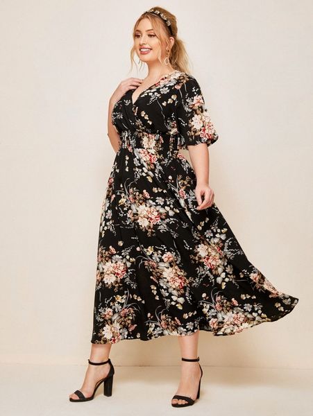 

plus surplice neck shirred waist floral dress 12vu#, Black