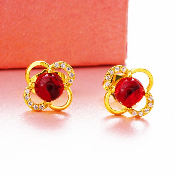 

four-leaf clover micro-inlaid zircon stud earrings classic women jewelry 18k yellow gold filled fashion gift, Golden;silver