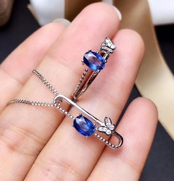 

blue sapphire gemstone ring necklace jewelry set 925 sterling silver women ornament natural gem sep.birthstone birthday gift bracelet, earri, Black