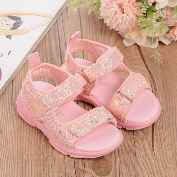 

summer breathable little girls sandals toddlers sweet style sequins mesh decoration soft sole non-slip beach shoes, Black;red