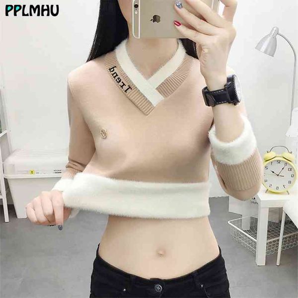 

plus thick v-neck slim sweater women letter fashion lettter print knitted pullover winter warm patchwork skinny female 210805, White;black