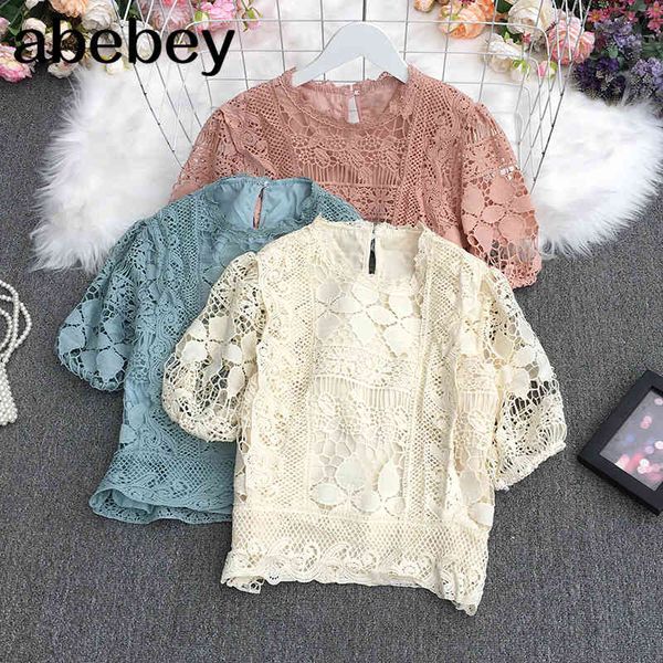 

summer sweet all-match o-neck puff sleeve shirt lace hook flower hollow out short 210512, White