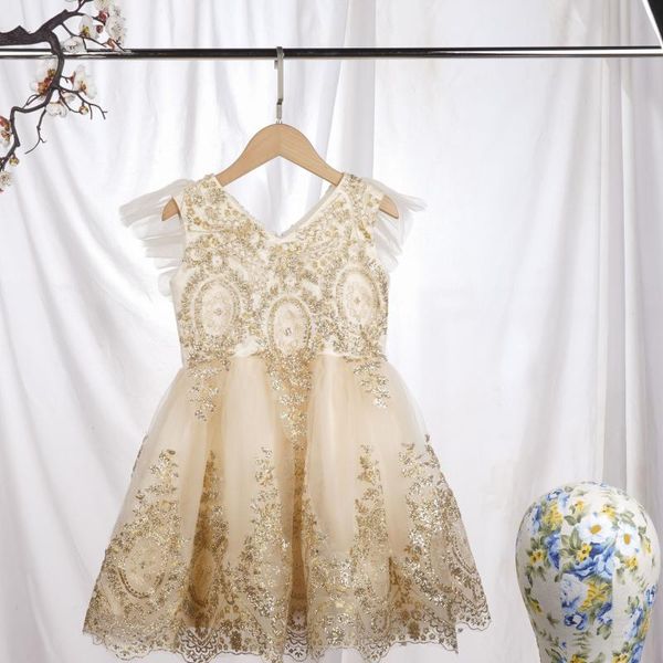 

girl's dresses summer golden short children's dress wedding manufacturers custom western style performance sleeve princess pengpen, Red;yellow