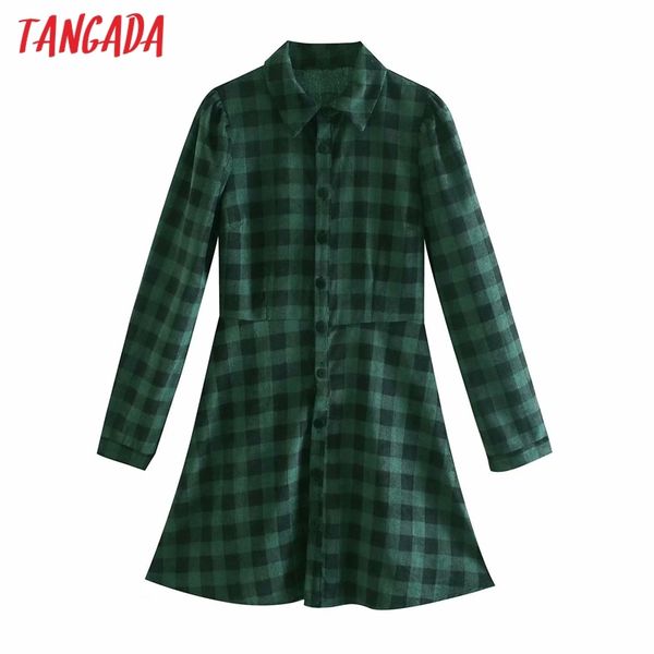 Primavera Mulheres Verde Manta Padrão Corduroy Camiseta Vintage Manga Longa Casual Senhoras Vestido A linha 6P25 210416