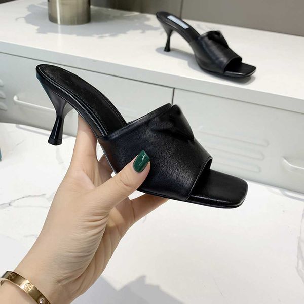 

soft real leather slippers shoes for women square toe high heels summer casual slides sandal solid color with box, Black