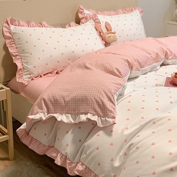 

bedding sets four seasons princess style quilt cover girl's heart bed four-piece set washed cotton student sheets dormitory three-piece