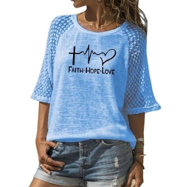 İnanç umut aşk mektuplar baskı t-shirt kadınlar için dantel mürettebat boyun üst tops punk pamuk camiseta japonya 210623
