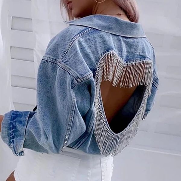 

women's jackets denim jacket female light blue diamond tassel coat single-breasted open back women jeans 2021 autumn fashion clothing, Black;brown