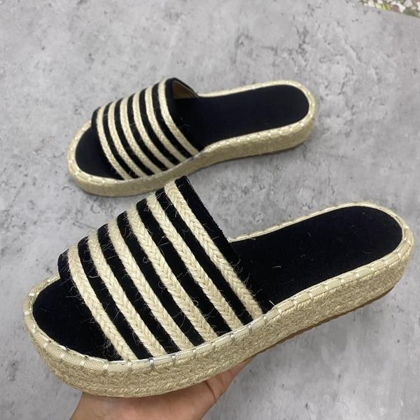 

slippers flat shoes female womens outdoor platform slides fashion pantofle summer luxury soft 2021 rome cane rubber pu fabric ca, Black