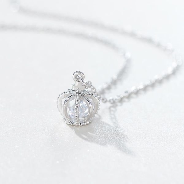 

pendant necklaces 100% s925 sterling crown necklace for women cubic zirconia fashion fine jewelry student girl birthday gift, Silver