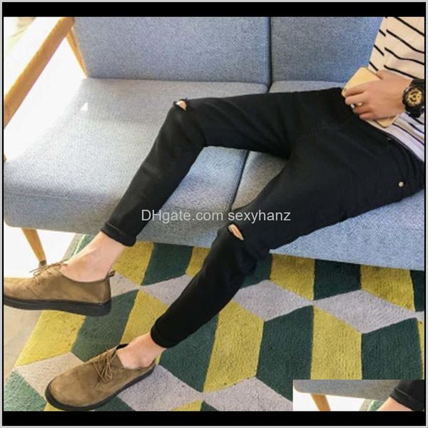 

clothing apparel drop delivery 2021 hole ankle-length pants men korean fashion solid color thin stretch trousers street casual sports mens j, Blue